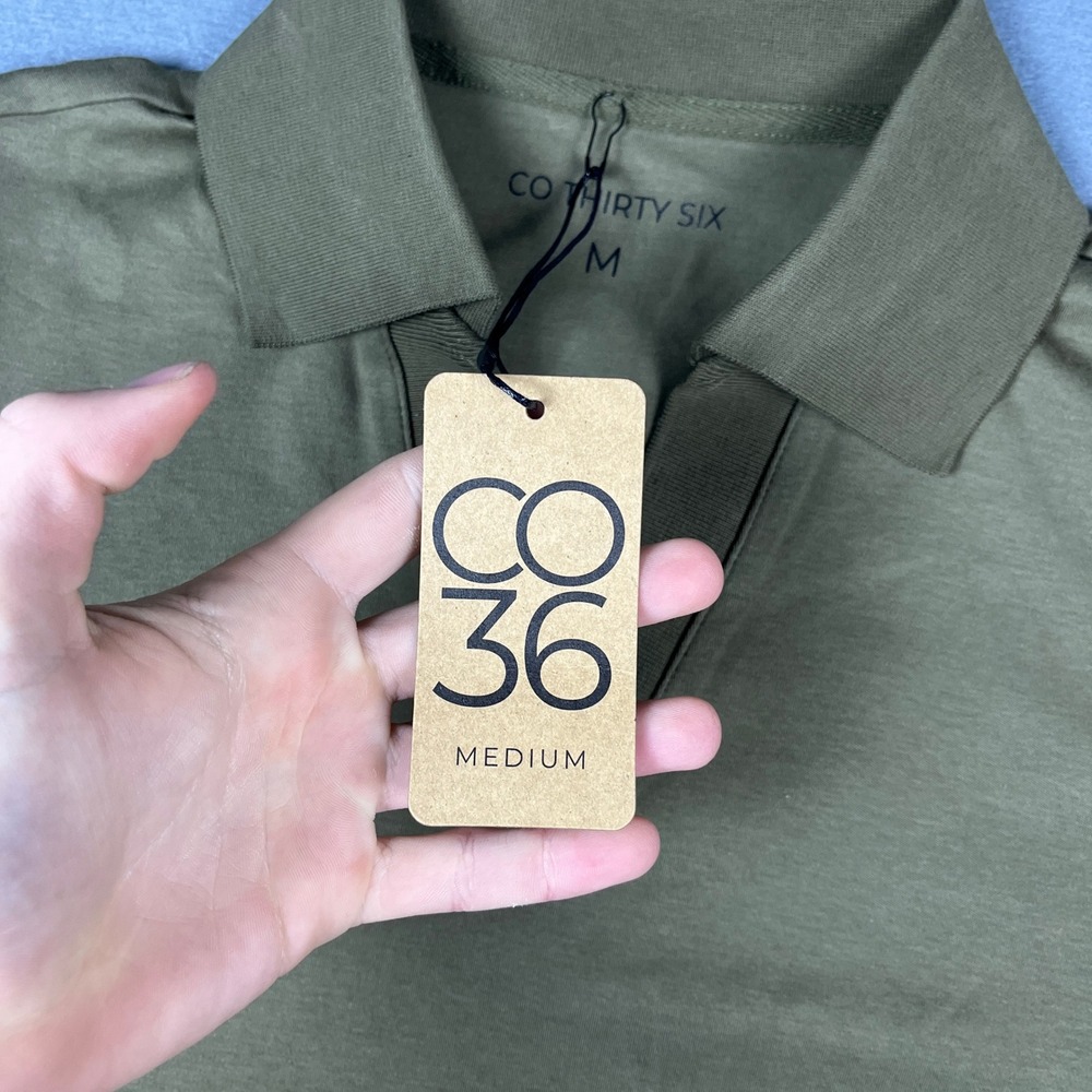 CO THIRTY SIX Mens Long Sleeve Johnny Collar Polo Shirt Olive Green Medium NWT - Picture 2 of 9